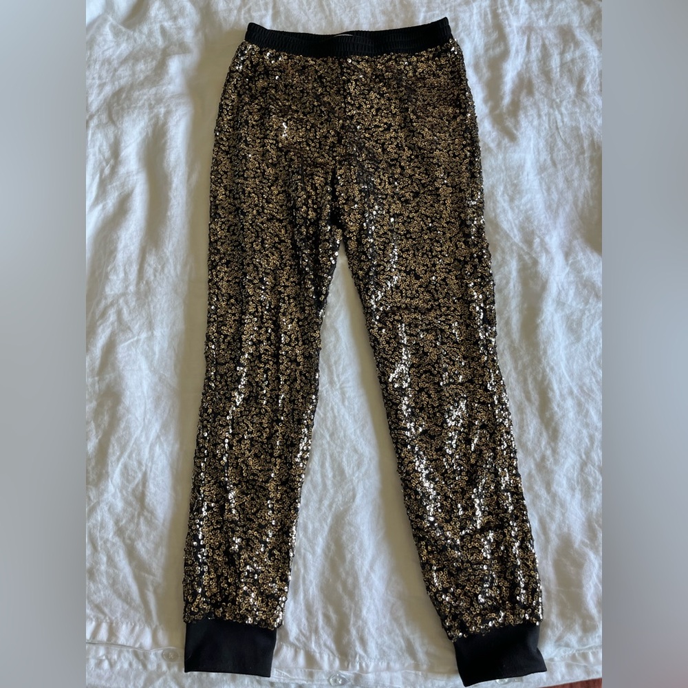 Wayf black & gold sequin jogger pants, small